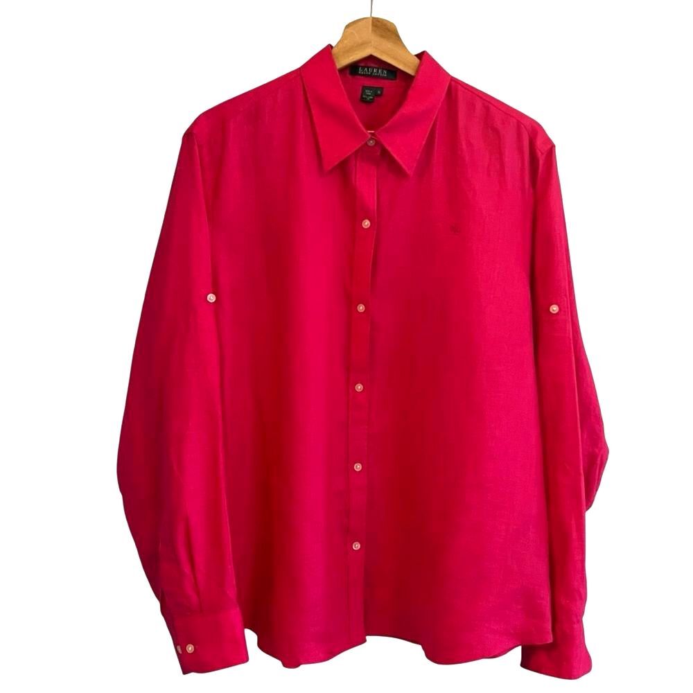 Lauren Ralph Lauren Womens Linen Button Up Top Size XL Roll Tab Old Money Preppy